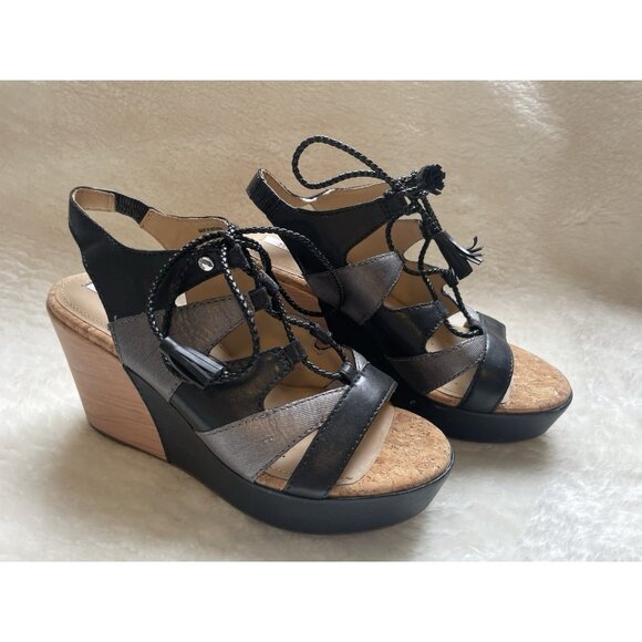 NEW GEOX D JALEAH WEDGE SANDAL Genuine Leather Silver/Black Comfort Rubber Sole - Picture 2 of 8